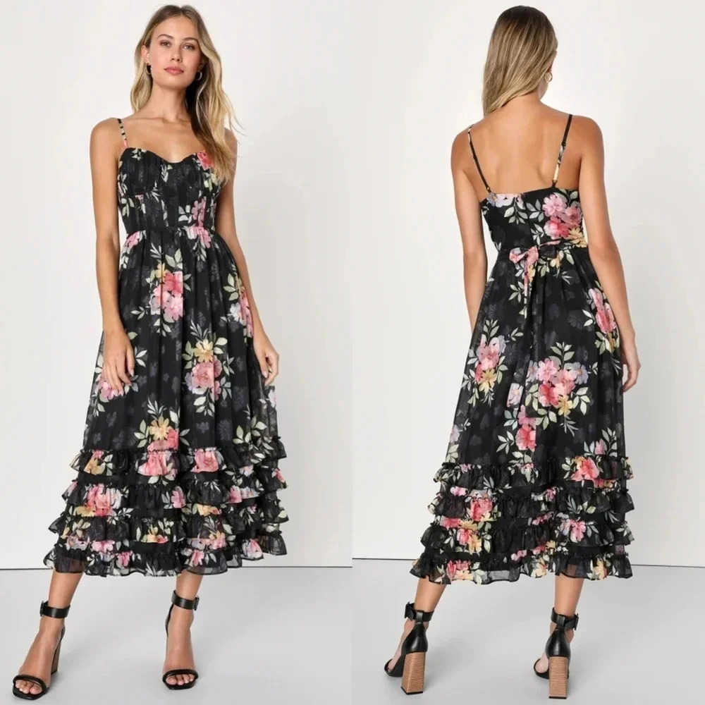 Lulus Elegant Radiance Black Floral Ruffled Bustier Midi Dress XXL Wedding Party